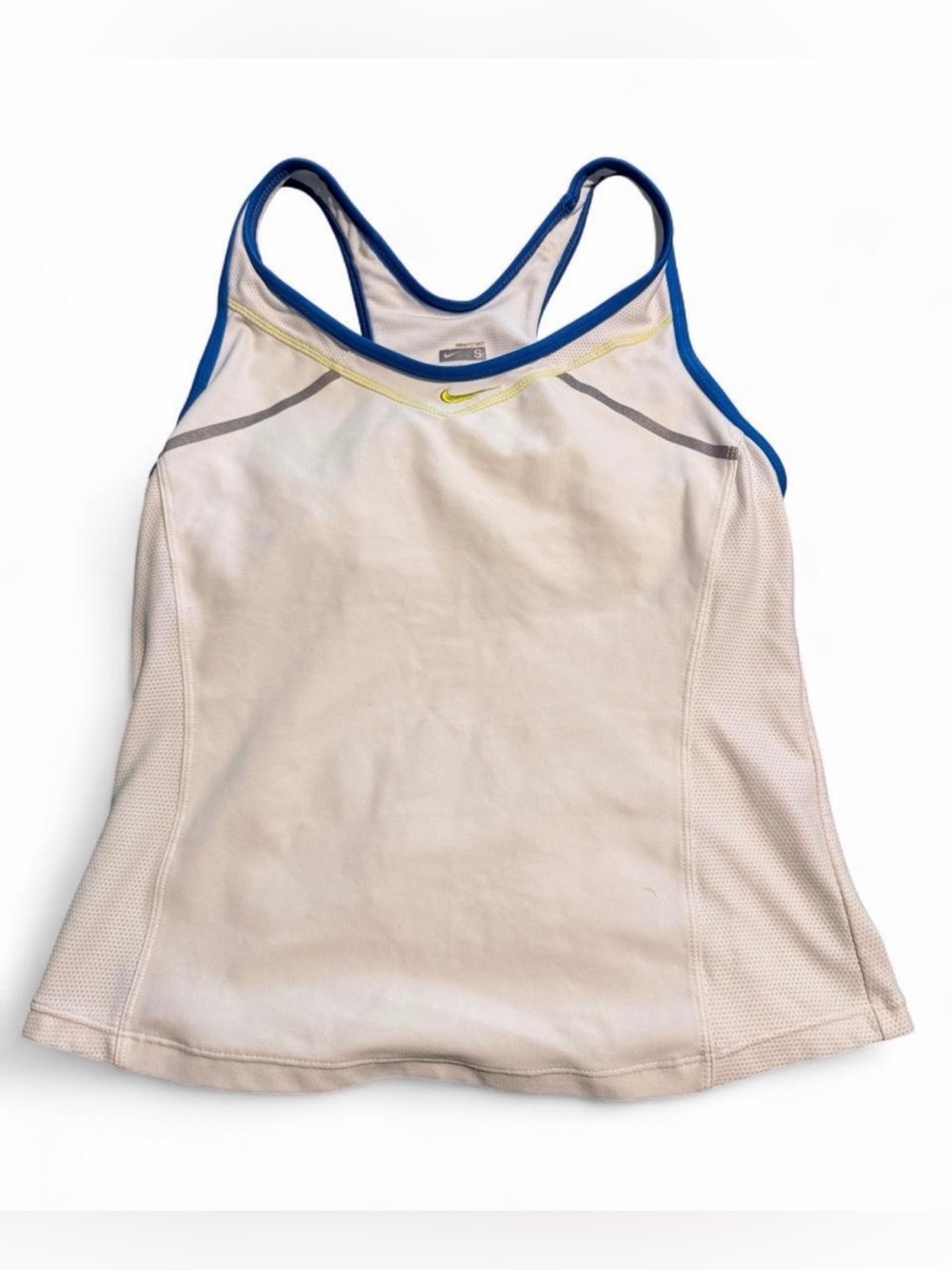 Nike Women's White Tank with Blue Trim and Yellow Logo